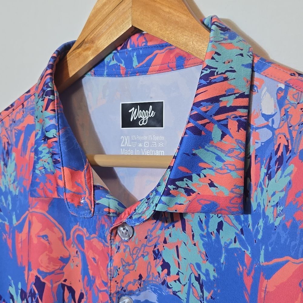 Waggle Men's Clubhouse King Golf Polo Shirt 2XL Lion Tropical Print Short Sleeve - Picture 9 of 10